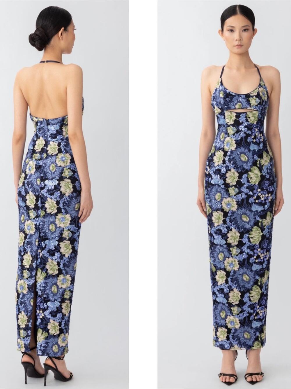 SAU LEE Sandra Sequin Embellished Floral Cutout Blue Maxi Dress Size 4